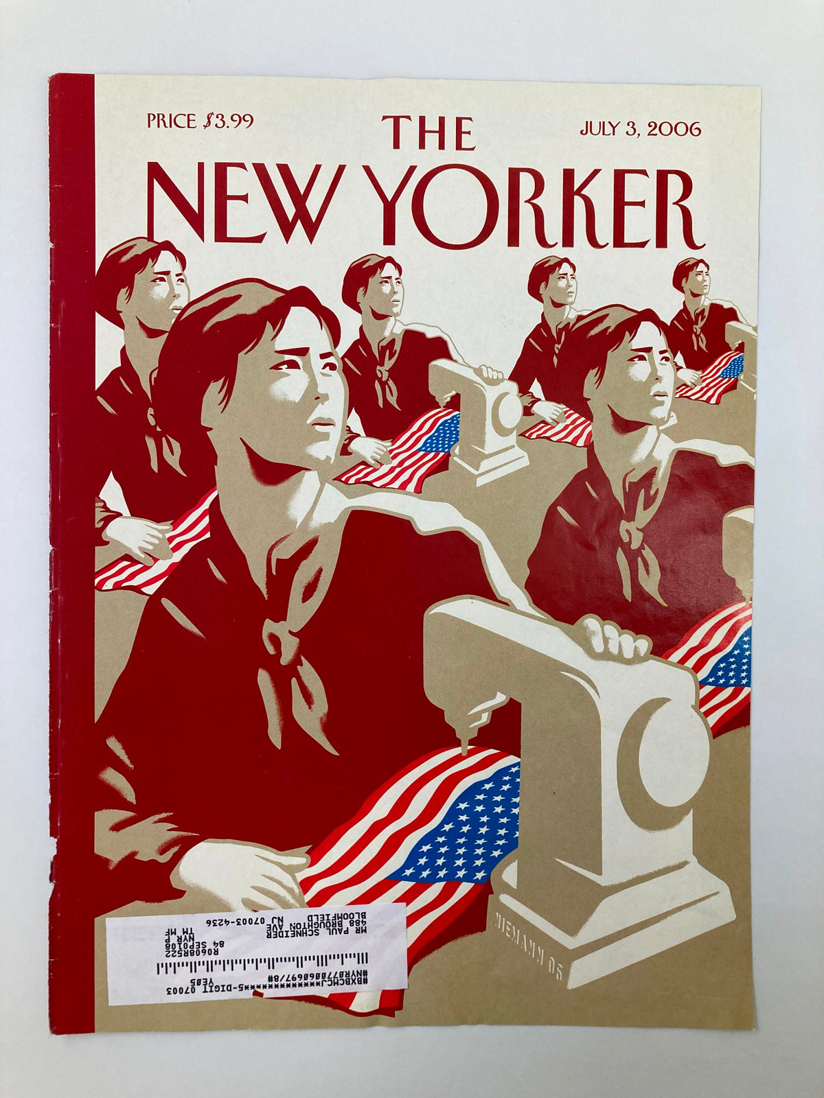 Front cover image of The New Yorker July 3 2006 showcasing 'Dependence Day' by Christoph Niemann, illustrating stylized individuals with sewing machines and American flags.
