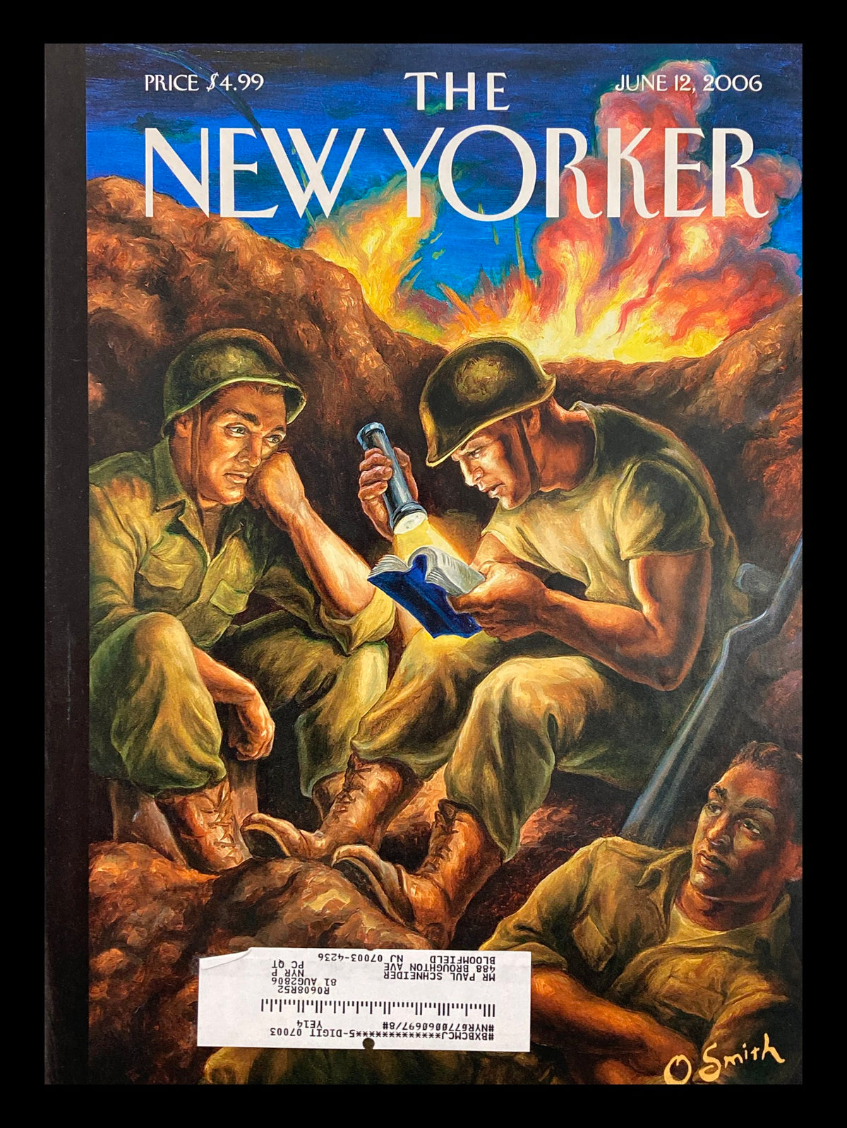 Cover of The New Yorker June 12, 2006 featuring artwork 'Dispatches from Iraq' by Owen Smith, depicting soldiers in a wartime scene. This compelling image reflects themes of conflict and artistry.