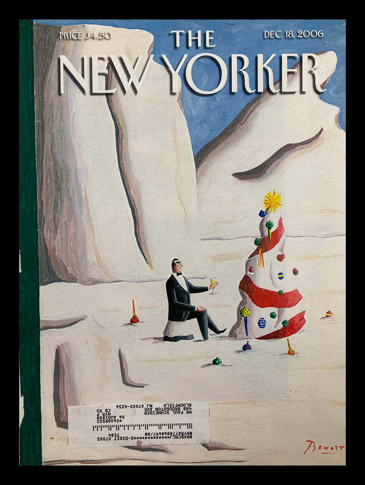 COVER ONLY The New Yorker December 18 2006 Happy Holidays featuring a festive scene with a man holding a drink next to a decorated Christmas tree in a winter landscape.
