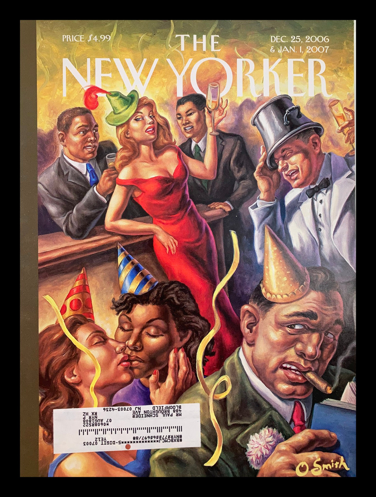 Cover of The New Yorker December 25, 2006, titled 'A New Beginning' by Owen Smith, featuring vibrant party scenes with celebratory characters in festive attire.
