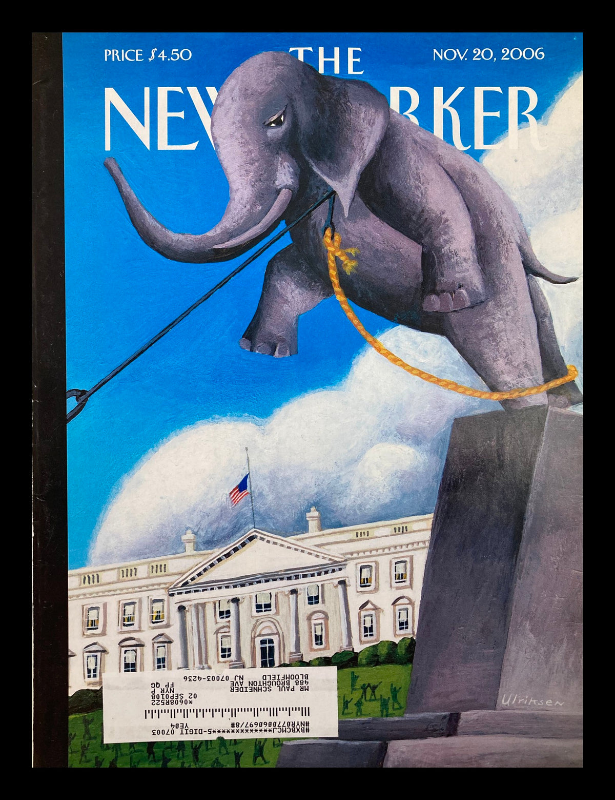 COVER ONLY The New Yorker November 20 2006 To the Elephant Graveyard by Ulriksen, featuring a whimsical illustration of an elephant in front of a grand building, embodying the essence of The New Yorker style.