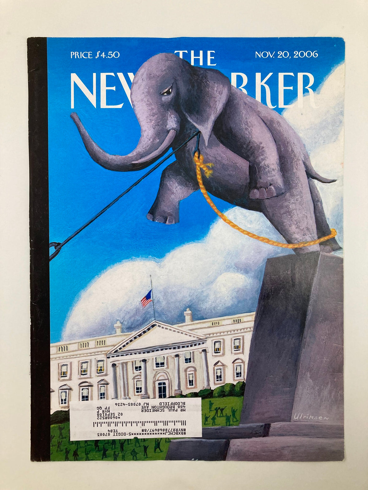 COVER ONLY The New Yorker November 20 2006 featuring an elephant illustration by Ulriksen, depicting a whimsical scene in front of a governmental building, ideal for art and magazine collectors.