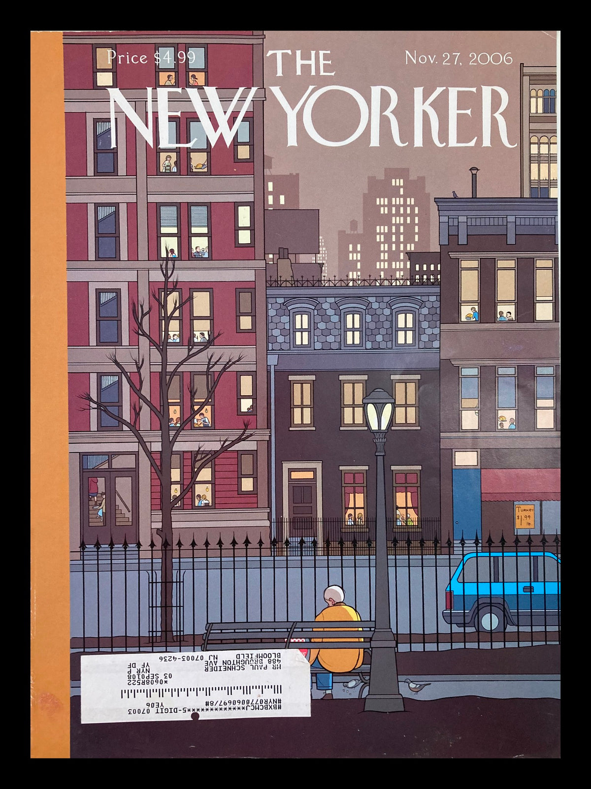 Cover of The New Yorker dated November 27, 2006, featuring a Thanksgiving night scene illustrated by Chris Ware. The image depicts an urban landscape with residential buildings and a street lamp, providing a nostalgic view of city life.
