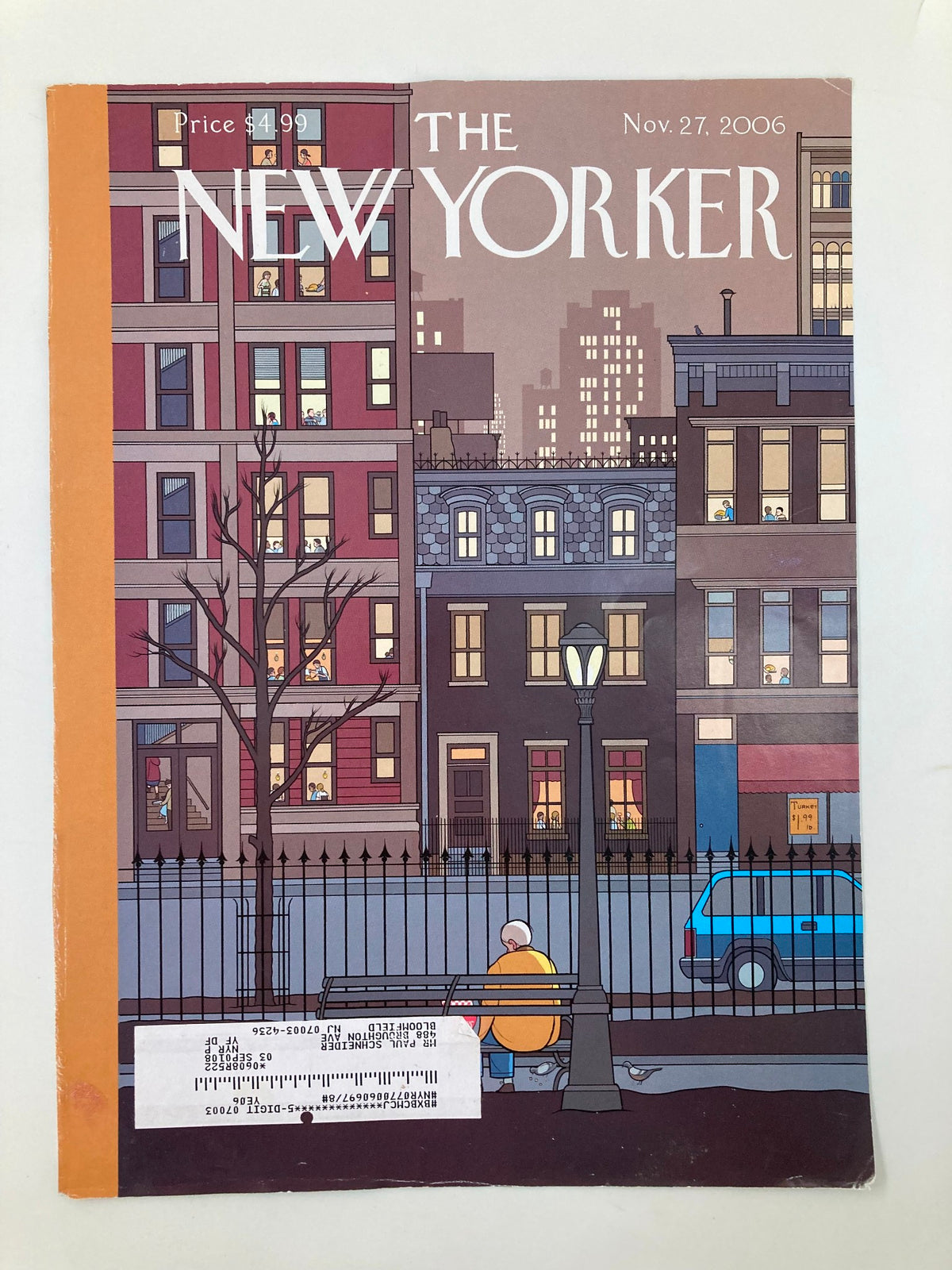 Cover of The New Yorker dated November 27, 2006, featuring Thanksgiving Night illustration by Chris Ware. The cover depicts a cityscape at night, showcasing buildings and a street lamp, with a person sitting on a bench.
