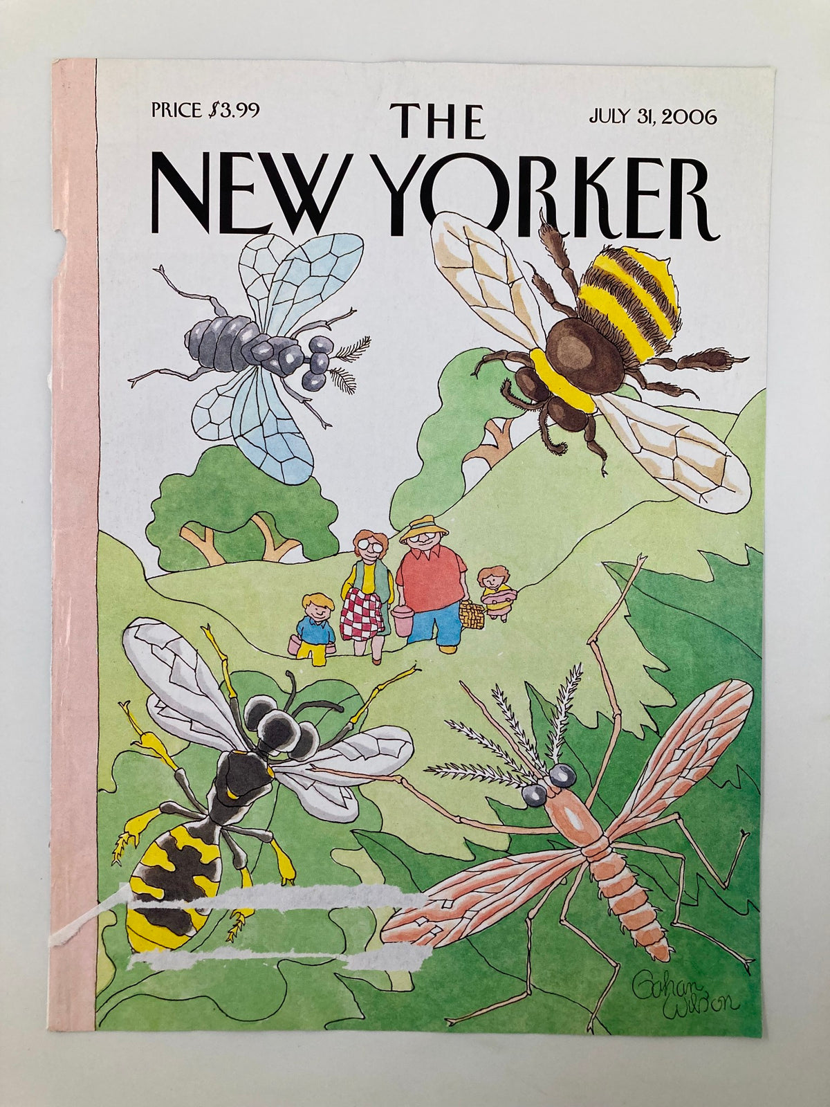 A detailed view of The New Yorker July 31, 2006 Picnic Reception cover by Gahan Wilson showcasing vibrant insects and a family in a picnic setting.