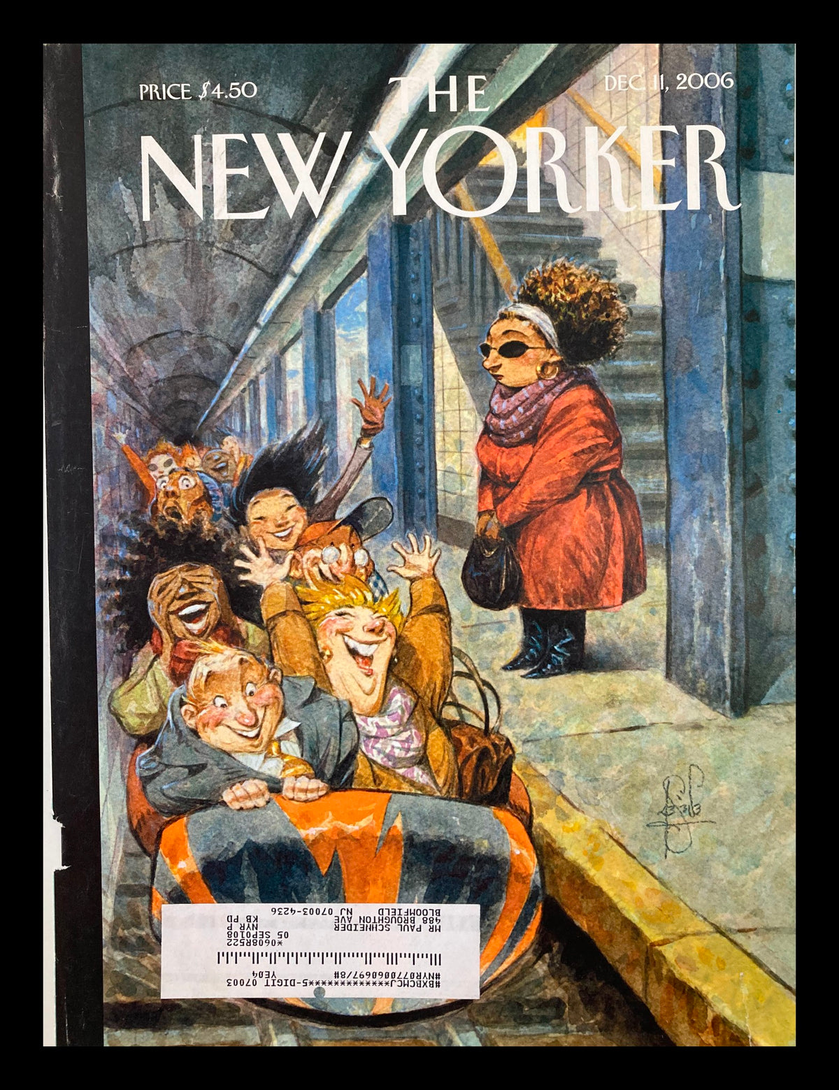 COVER ONLY The New Yorker December 11 2006 Rush Hour by Peter de Seve, showcasing a vibrant illustration of commuters enjoying a subway ride with a humorous urban scene.