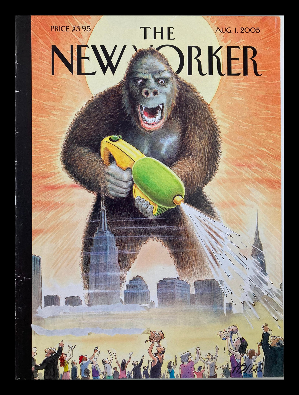 Cover of The New Yorker dated August 1, 2005, illustrating a large gorilla wielding a green water hose in an exaggerated, comical style by Harry Bliss, featuring a city skyline and crowds in the background, highlighting its playful and satirical theme.