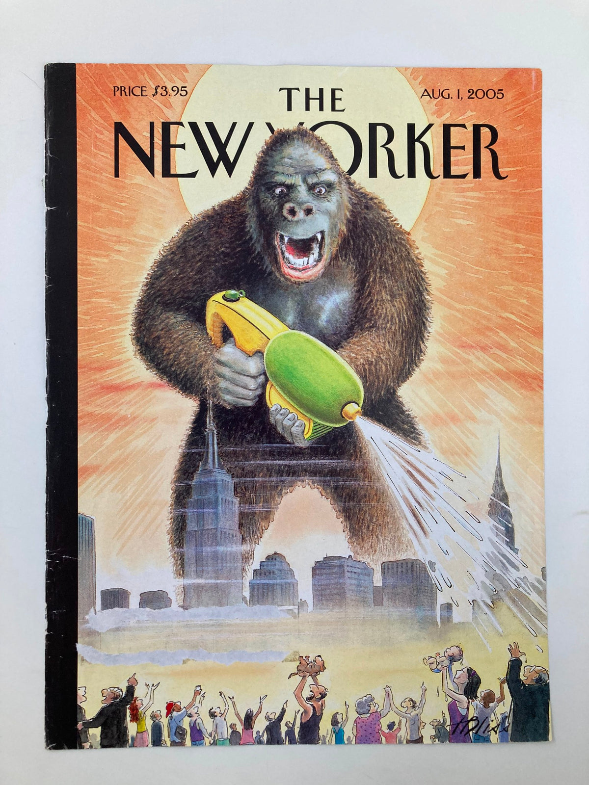 Cover of The New Yorker from August 1, 2005, depicting a giant gorilla spraying water with a green device, titled 'Song of Kong' by Harry Bliss.