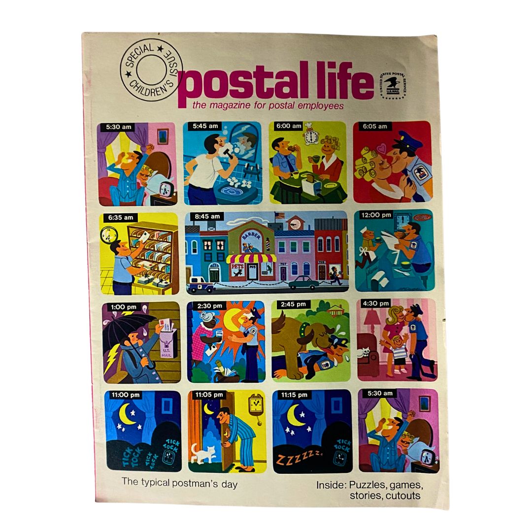 VTG Postal Life Magazine MISSINGYEAR Special Issue Typical Postman's Day featuring a colorful illustration of a postman’s schedule with various activities throughout the day.