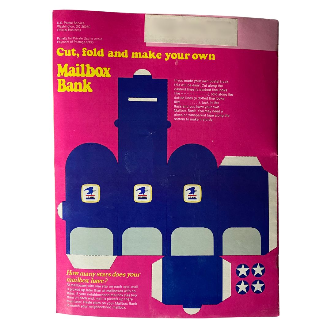 VTG Postal Life Magazine MISSINGYEAR Special Issue back cover displaying a cut-out design for a mailbox bank, encouraging children to engage in postal-themed activities.