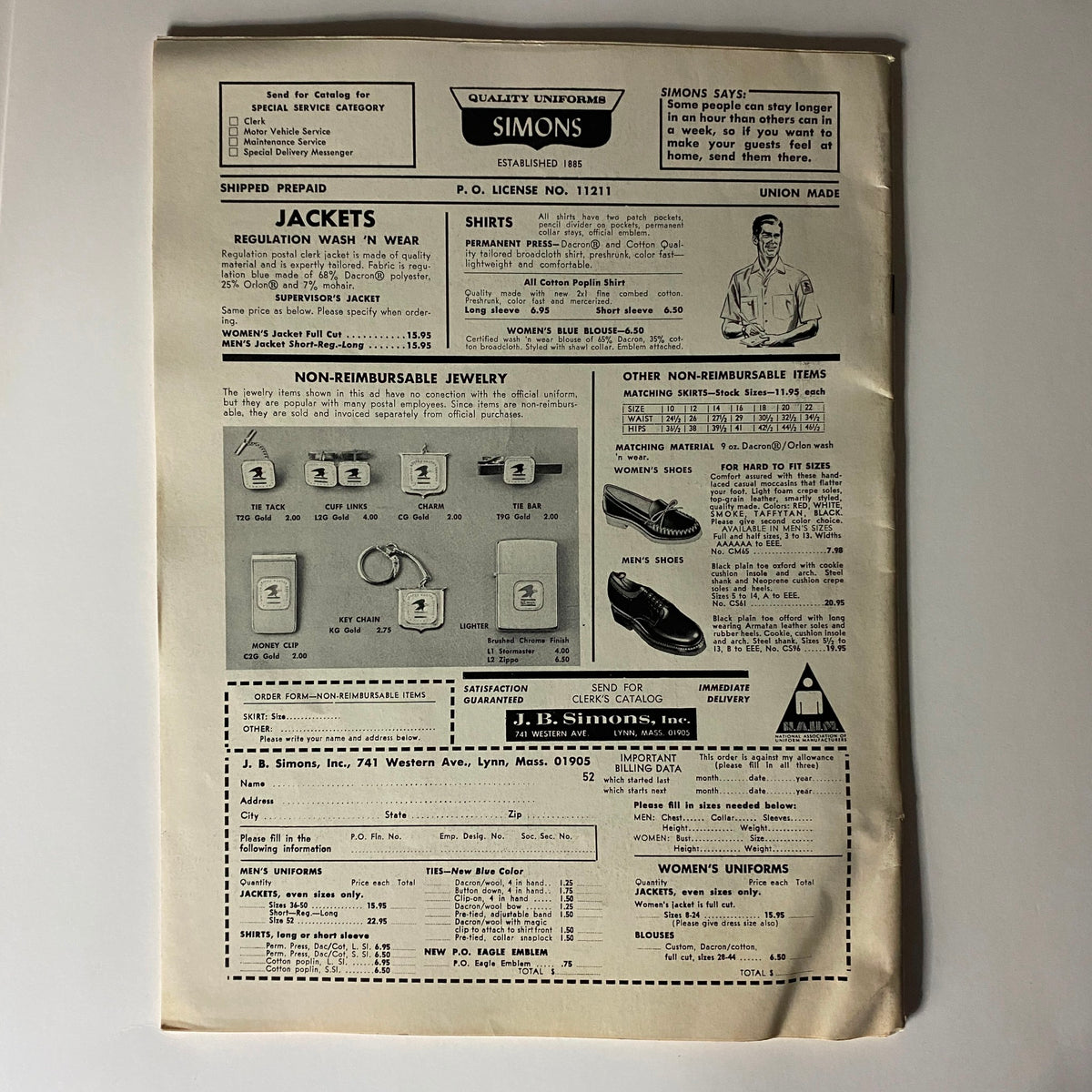 The American Postal Worker Magazine May 1972 featuring a page from J.B. Simons, Inc. showing quality uniforms, including jackets, shirts, jewelry, and shoes available for order, highlighting the various items and their prices.