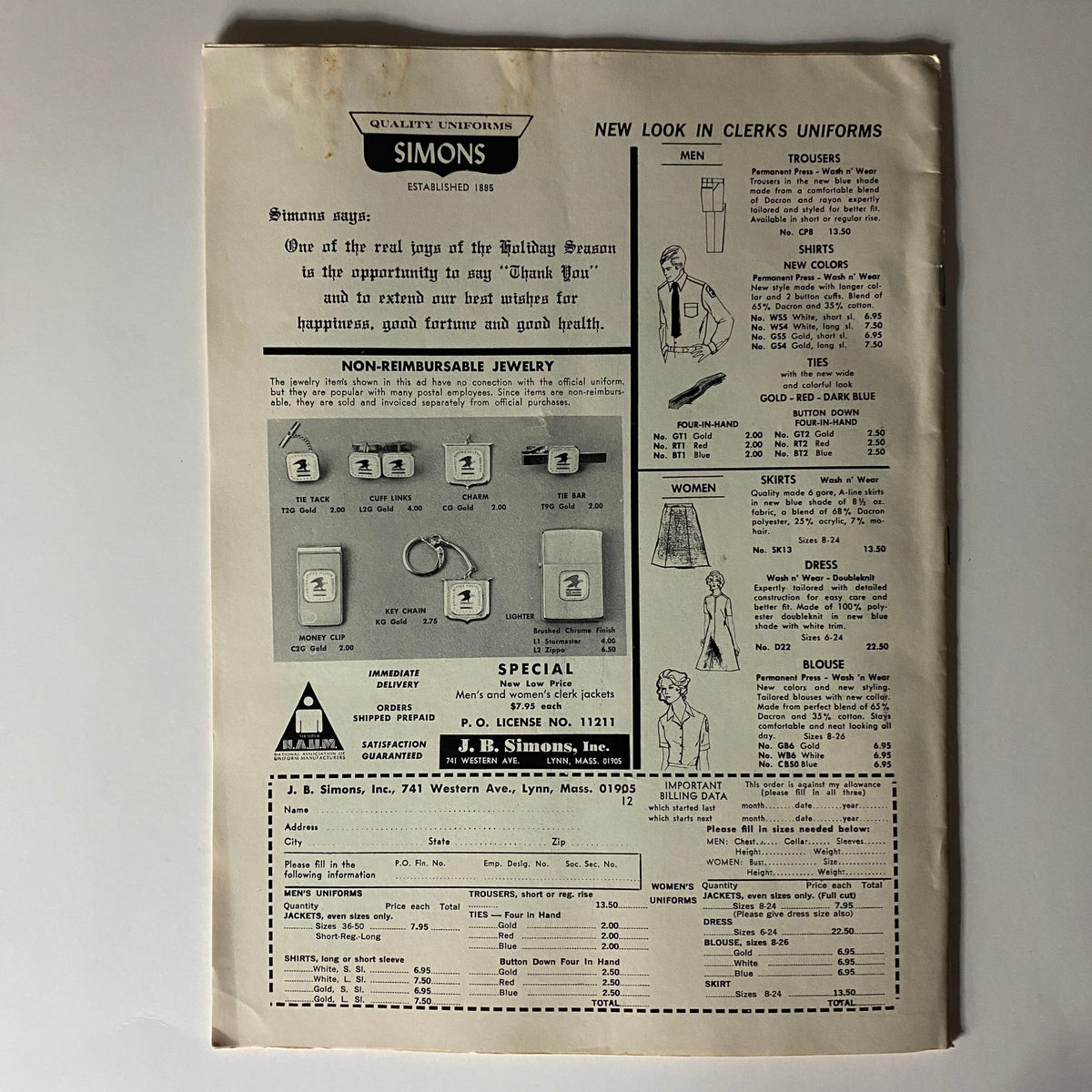 Back cover of the VTG The American Postal Worker Magazine December 1972 showcasing uniform advertisements and holiday greetings.