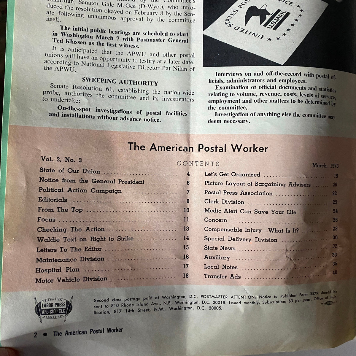 Inside page of VTG The American Postal Worker Magazine March 1973 showing the table of contents along with article titles, offering insights into the postal workers’ community and issues during that era.