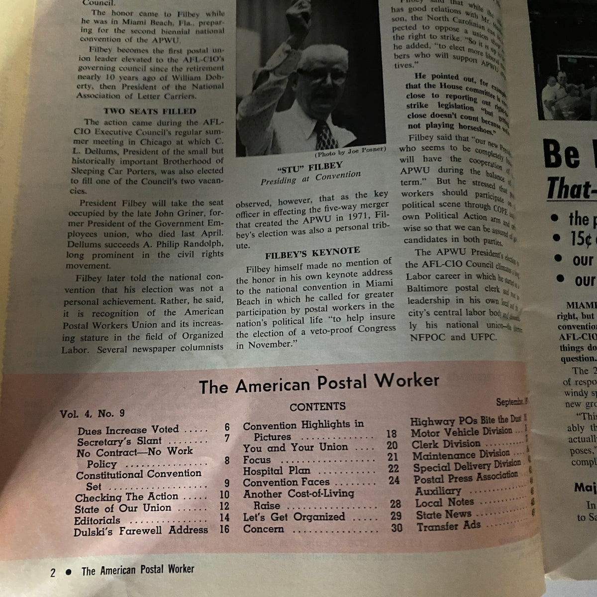 Inside page of VTG The American Postal Worker Magazine September 1974 showcasing President Stu Filbey at the convention with an article on the proceedings and contents of the publication.