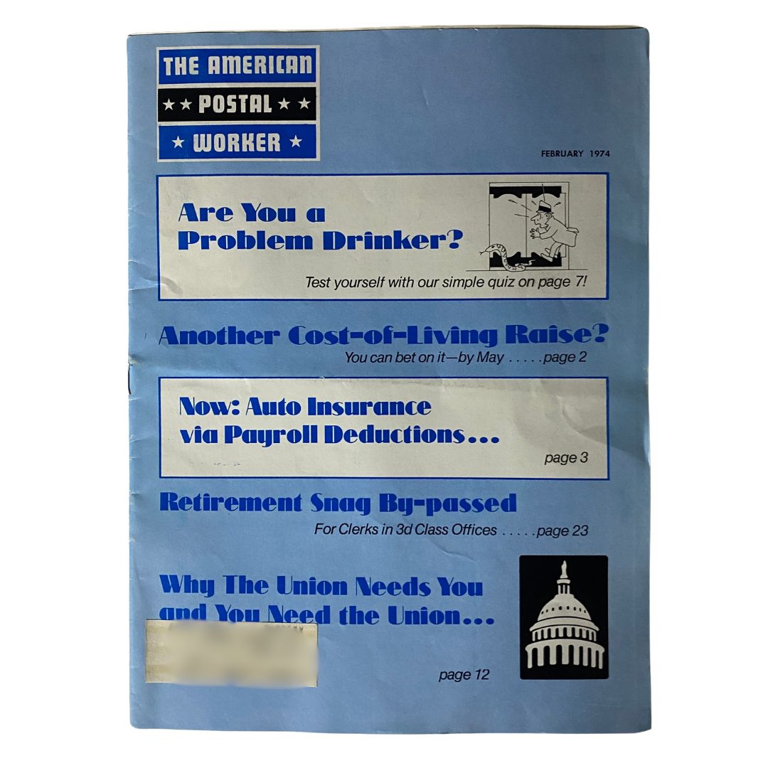 Cover of VTG The American Postal Worker Magazine February 1974 featuring various articles, including 'Retirement Snag By-Passed.'
