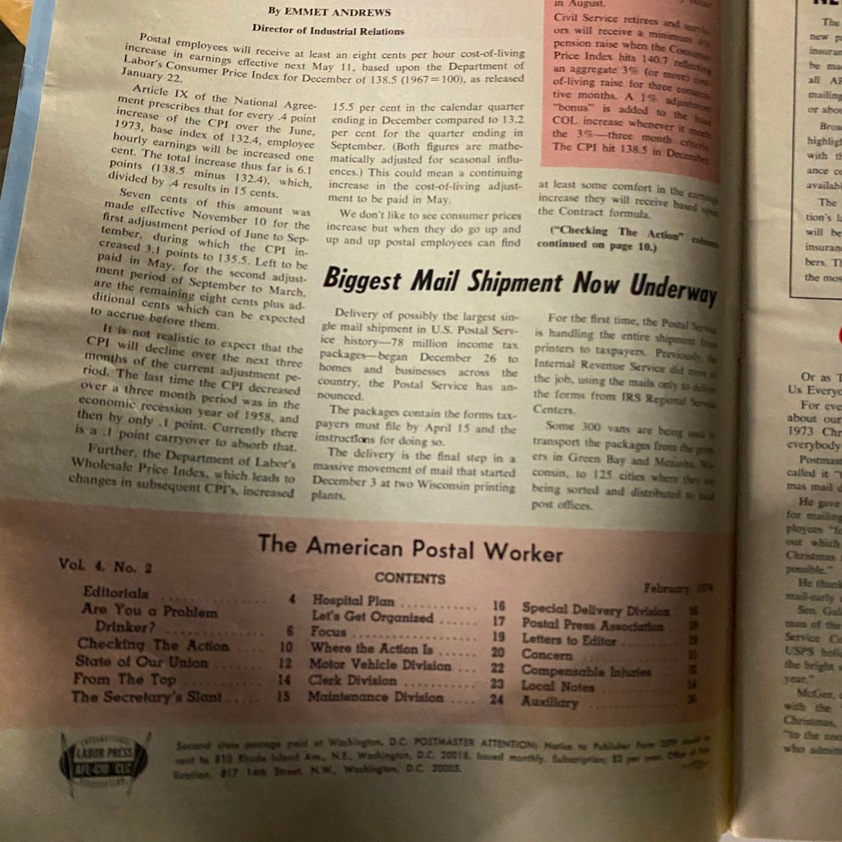 Interior page of VTG The American Postal Worker Magazine February 1974 showcasing an article titled 'Biggest Mail Shipment Now Underway.'