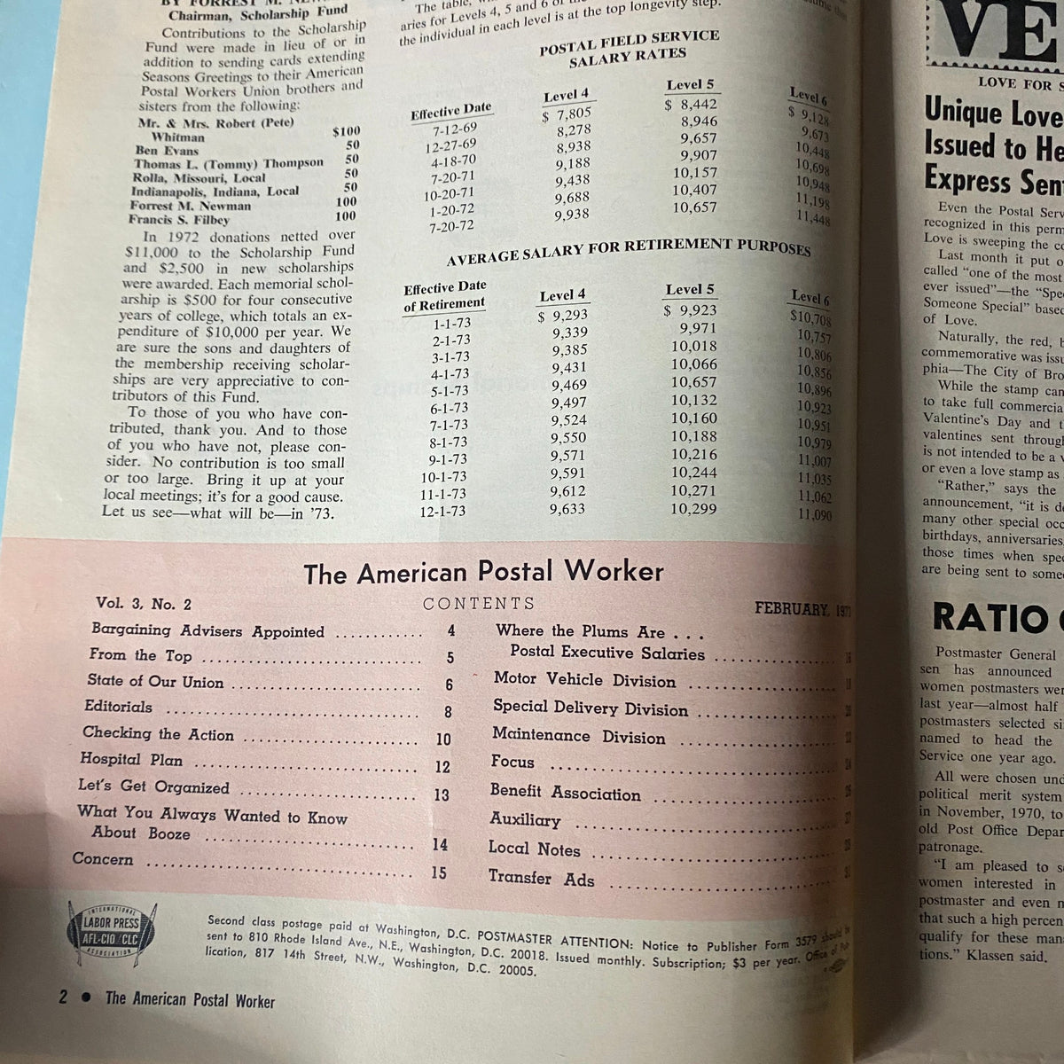 Interior page of VTG The American Postal Worker Magazine February 1973 displaying salary rates for postal service employees and a table of contents for that issue.