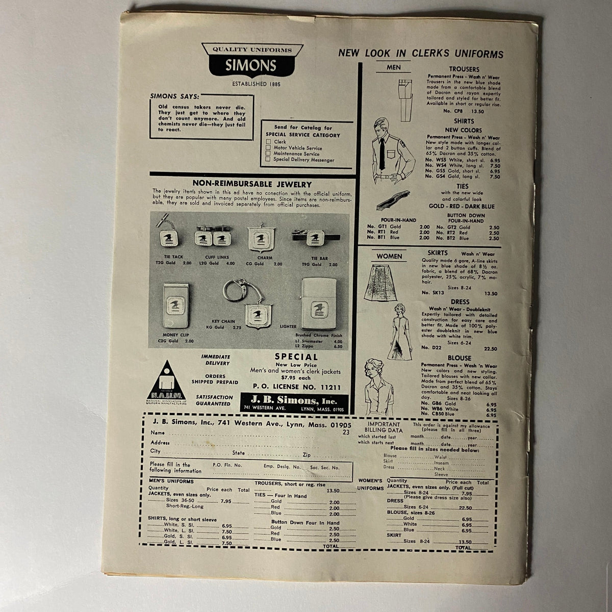 Back page of VTG The American Postal Worker Magazine February 1973 featuring advertisements for clerks uniforms from J.B. Simons, showcasing various clothing items and accessories available.