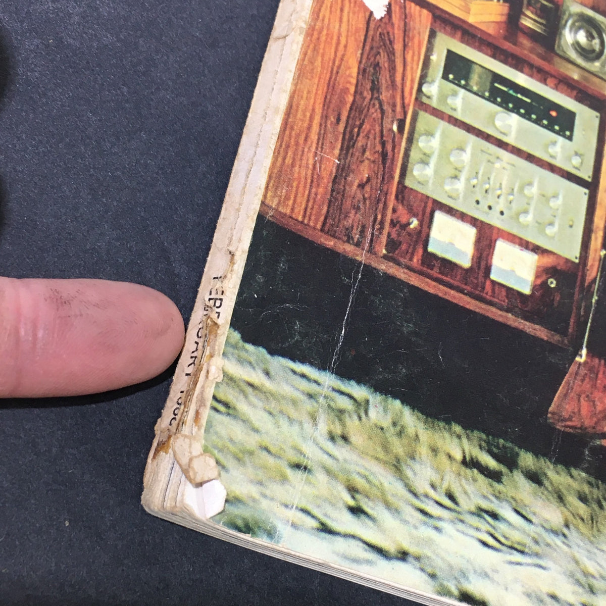 Side view of the 1968 VTG HiFi Stereo Review Magazine displaying its worn edge, highlighting the magazine's age and history.