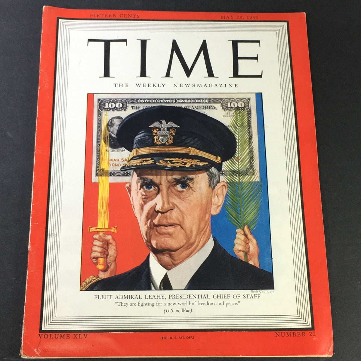 Vintage Time Magazine Cover featuring Fleet Admiral William D. Leahy, Volume 45, Number 22, dated May 28, 1945, showcasing military themes and historical significance.