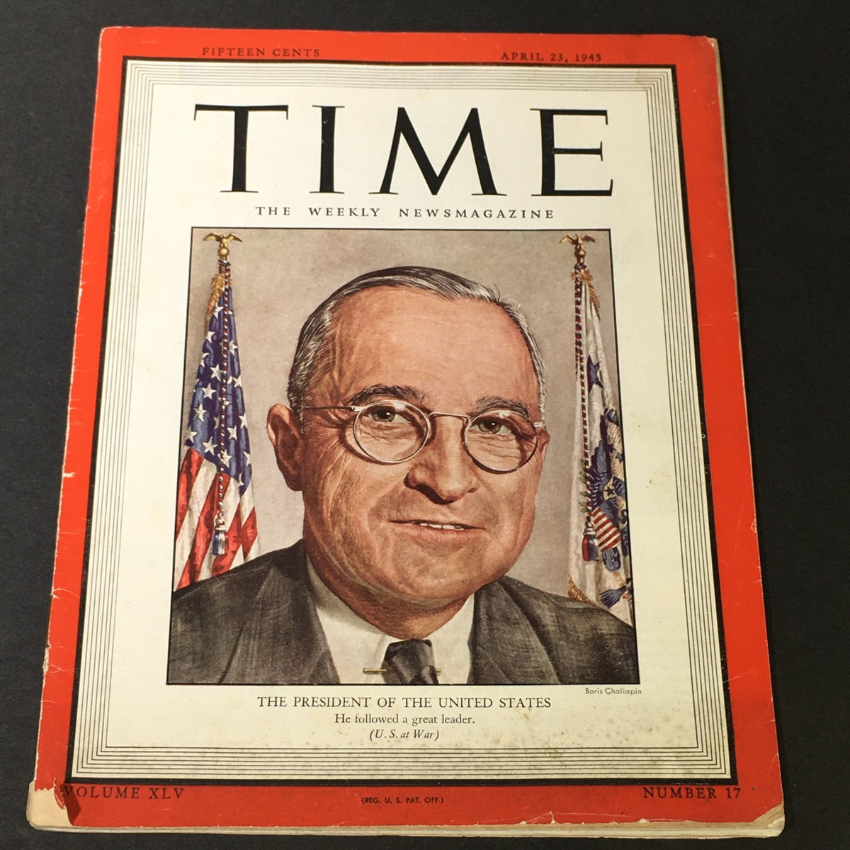 Cover of VTG Time Magazine Vol. 45 #17 April 23 1945 featuring a portrait of President Harry S. Truman with American flags in the background.