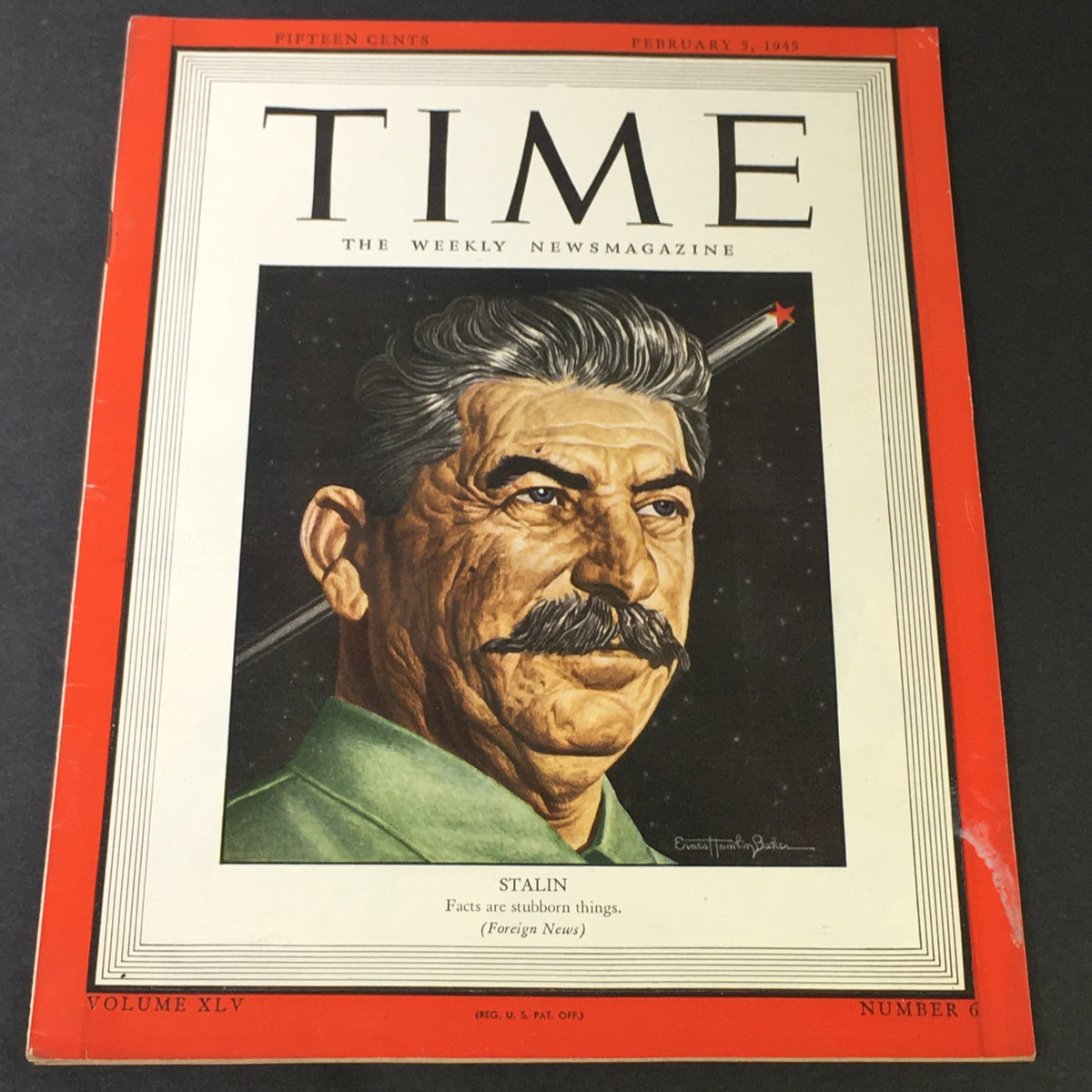 VTG Time Magazine February 5 1945 Cover featuring Soviet Union ruler Joseph Stalin, Volume 45 Issue 6, showcasing an illustrated portrait of Stalin.