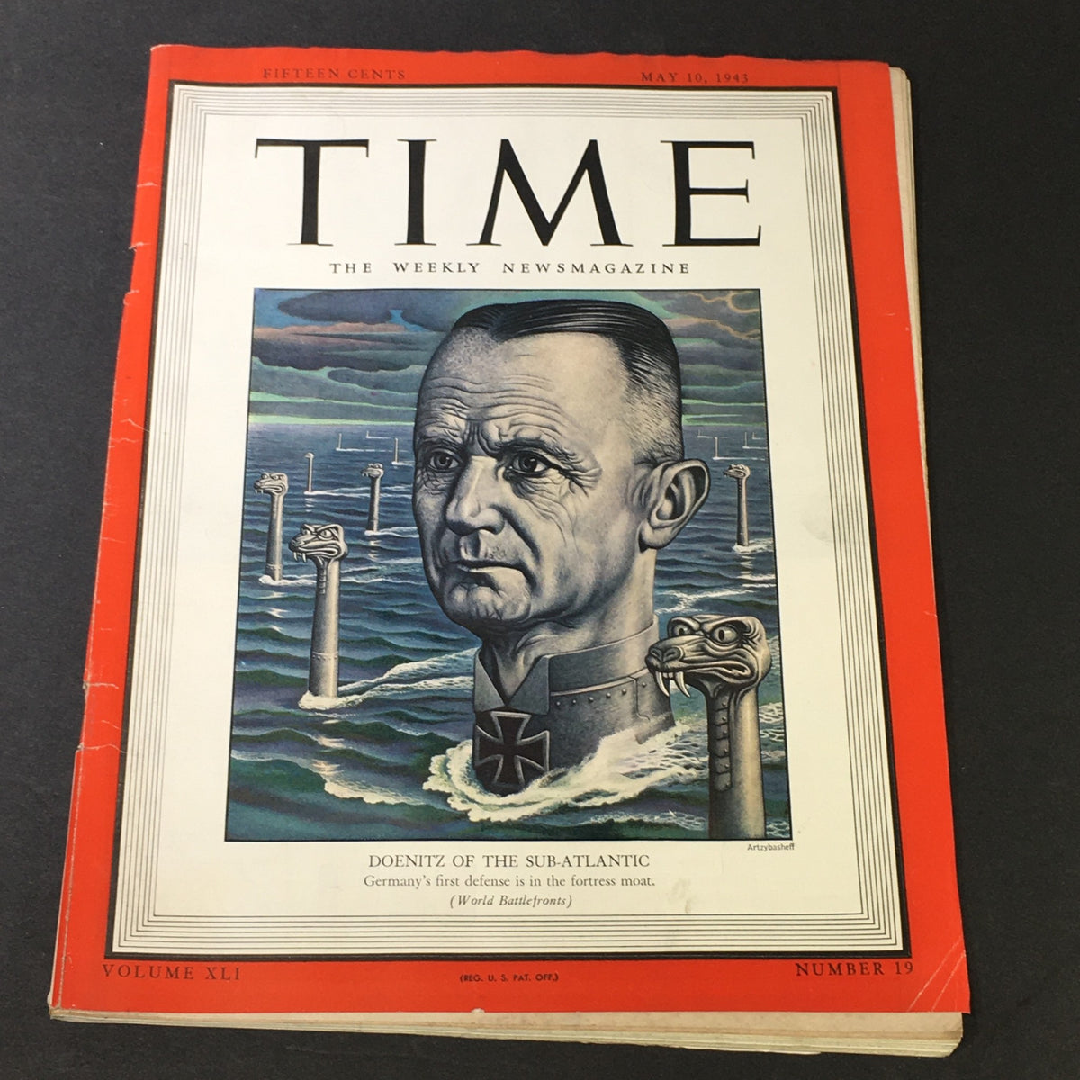 Vintage Time Magazine Cover featuring German Admiral Karl Dönitz, Vol. 41 #19, May 10, 1943, showcasing a captivating illustration related to World War II.