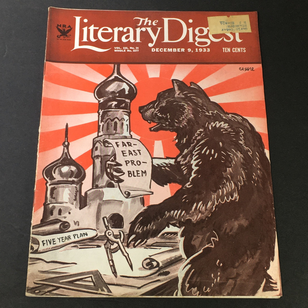 Cover of VTG The Literary Digest Magazine dated December 9, 1933 featuring an illustration of a bear holding a scroll labeled 'Far-East Problem', with a backdrop of stylized buildings.