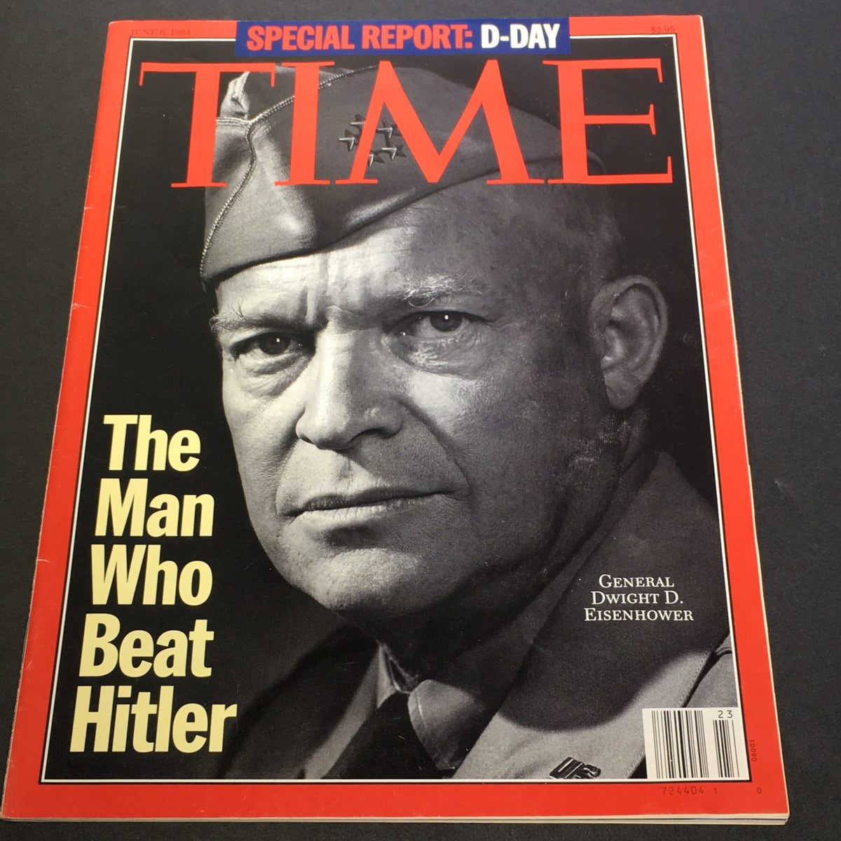 Vintage Time Magazine from June 6, 1994, featuring General Dwight D. Eisenhower on the cover, titled 'The Man Who Beat Hitler', reflecting his historical significance in World War II and commemorating D-Day.