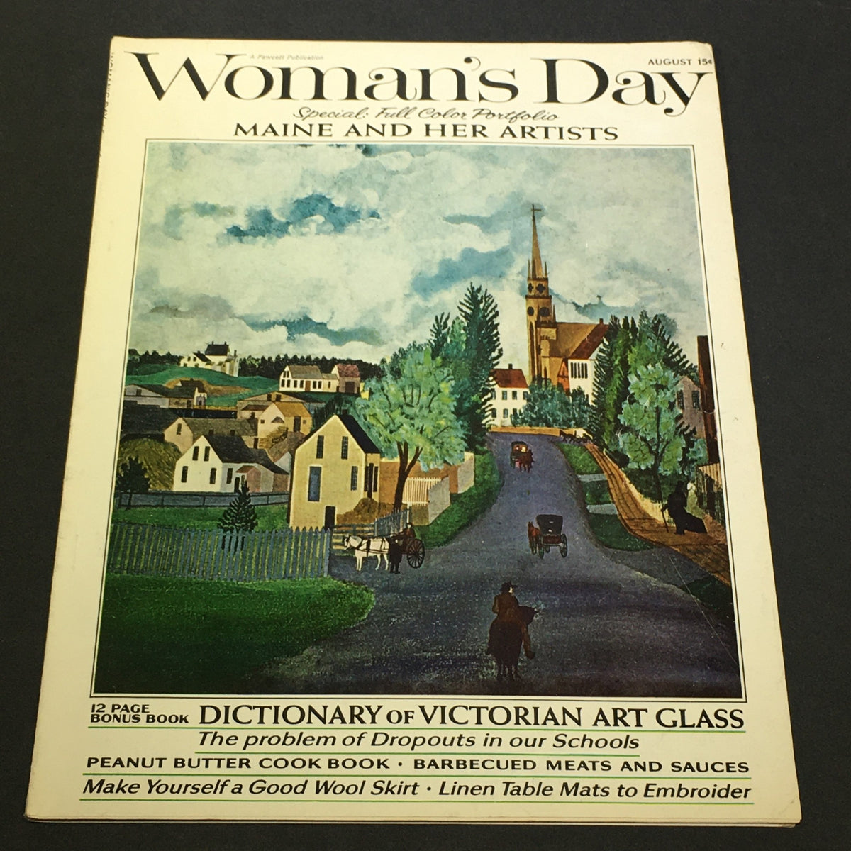 Cover of VTG Woman's Day Magazine August 1964 featuring a Color Portfolio of Maine and Her Artists, showcasing a picturesque landscape illustration and articles related to Maine's culture.