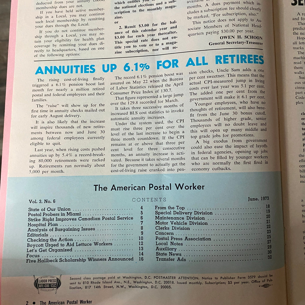 Interior page of The American Postal Worker Magazine, June 1973, displaying content details and discussing annuities for retirees, highlighting important labor issues.