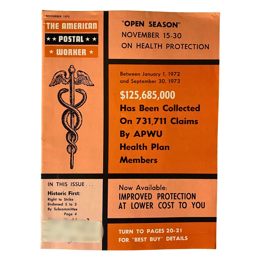 Cover of The American Postal Worker Magazine November 1973 featuring an orange design, highlighting topics on health protection and improved coverage with a caduceus symbol.
