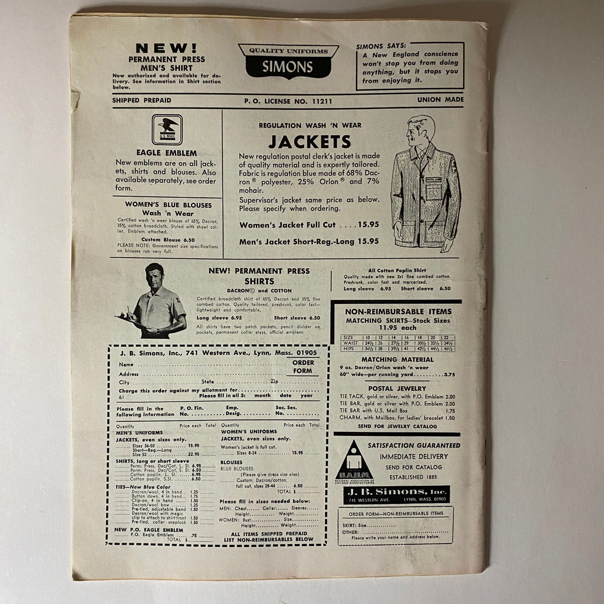 Back page of VTG The Union Postal Clerk Journal June 1971 featuring advertisements for uniforms and apparel tailored for postal workers.