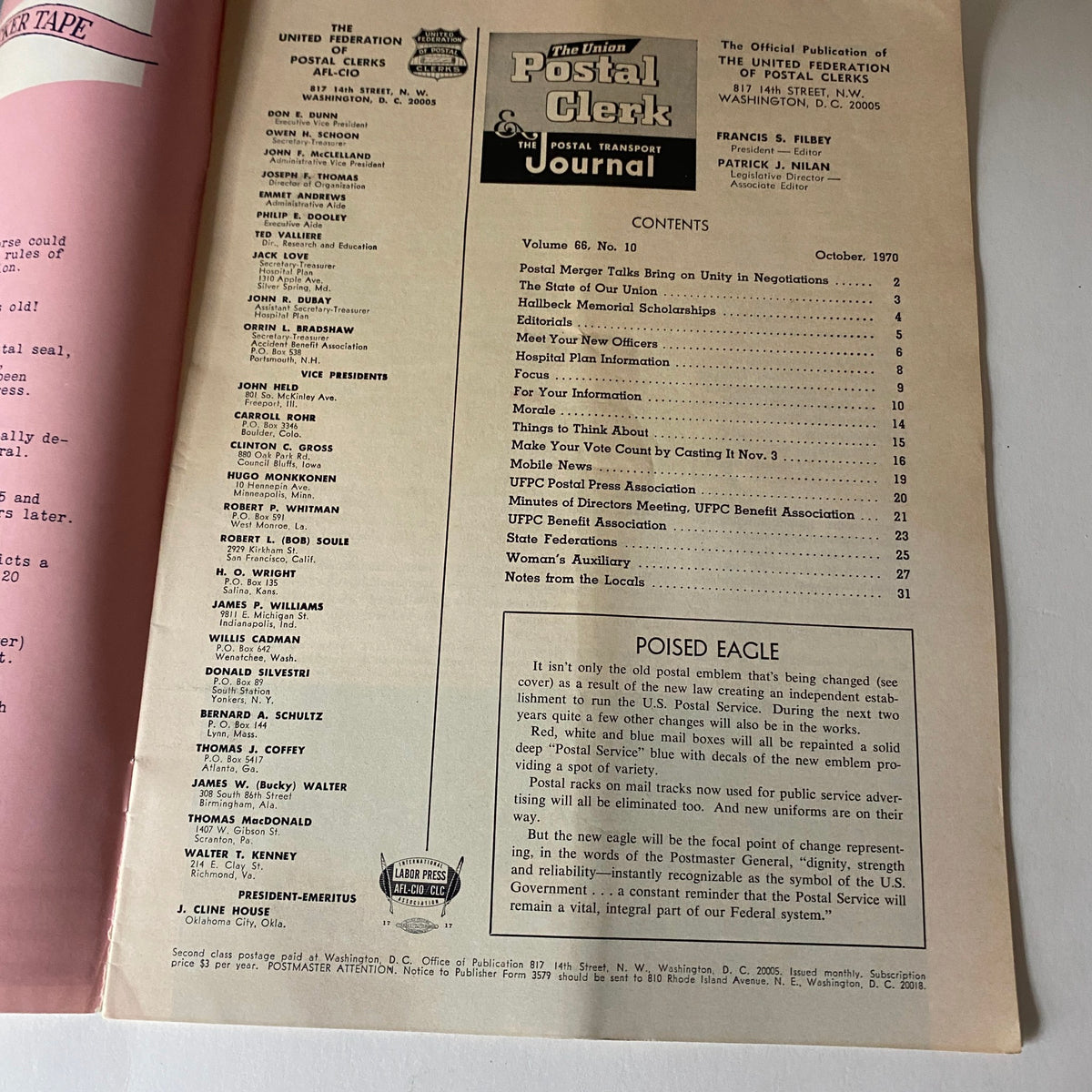 Inside page of VTG The Union Postal Clerk Journal October 1970, featuring editorial content, key topics about postal services, and leadership information related to the United States Postal Service.