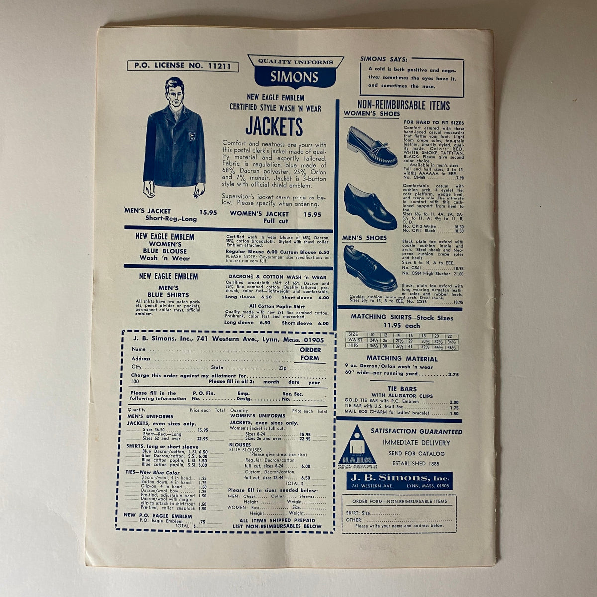 Advertisement from VTG The Union Postal Clerk Journal October 1970, showcasing jackets and uniforms for postal clerks, including pricing and ordering information from J.B. Simons, Inc.