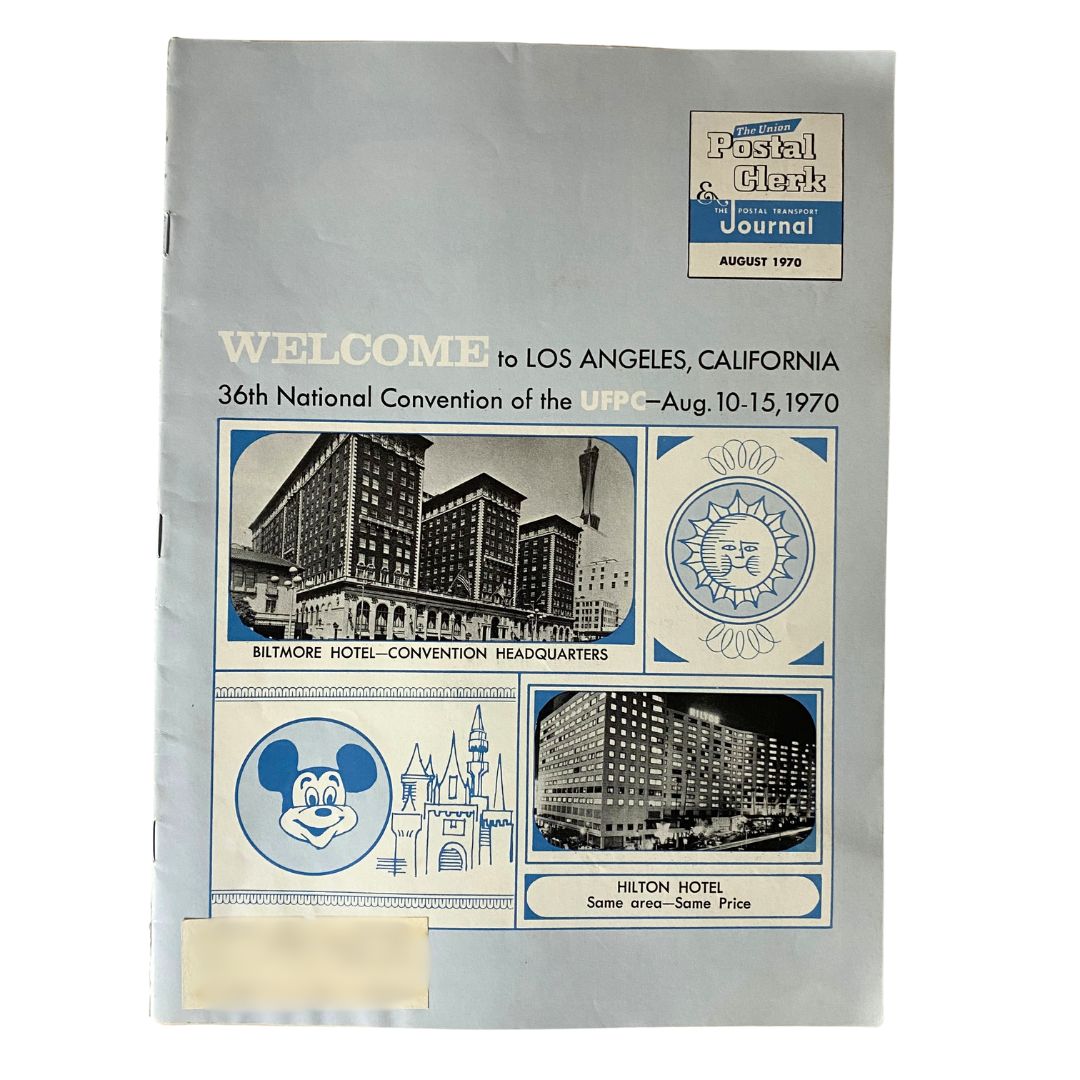Cover of VTG The Union Postal Clerk Journal August 1970, featuring the Biltmore Hotel and Hilton Hotel in Los Angeles, California, welcoming readers to the 36th National Convention of the UFPF.