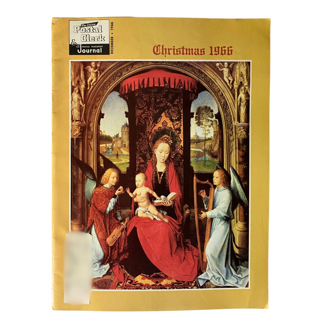 Cover of VTG The Union Postal Clerk Journal December 1966 featuring an artistic illustration of Madonna and Child, showcasing vintage design.