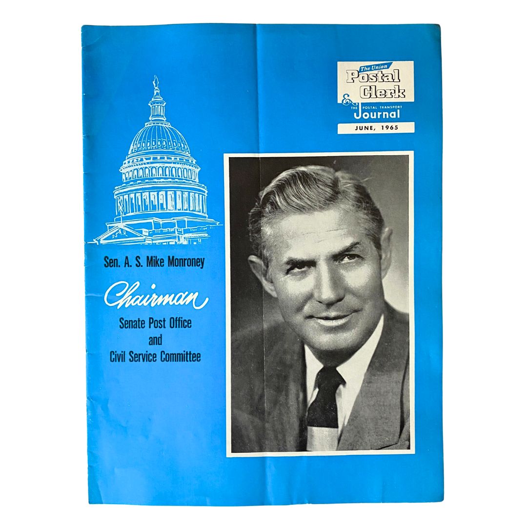 Cover of VTG The Union Postal Clerk Journal June 1965 featuring Senator A.S. Mike Monroney, showcasing postal history with a blue background and an image of Monroney.