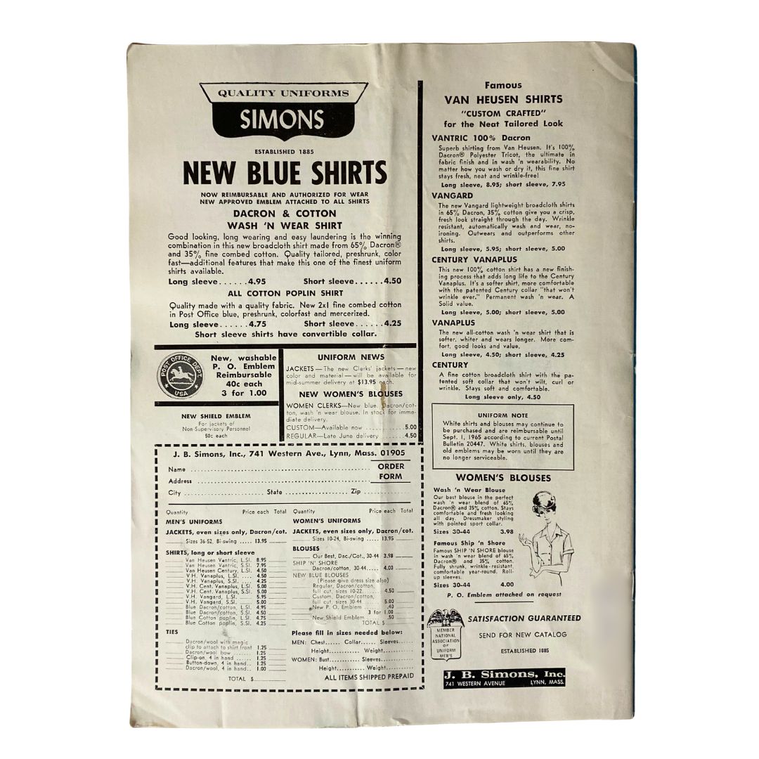 Advertisement from the June 1965 Union Postal Clerk Journal highlighting new blue shirts and uniforms, featuring quality specifications and prices for postal workers.