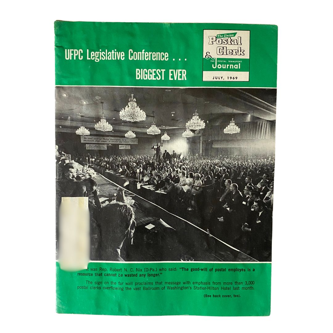 Cover of the vintage Union Postal Clerk Journal from July 1969, featuring the headline 'UFPC Legislative Conference ... Biggest Ever' with a photograph of a crowded conference hall filled with attendees and chandeliers.