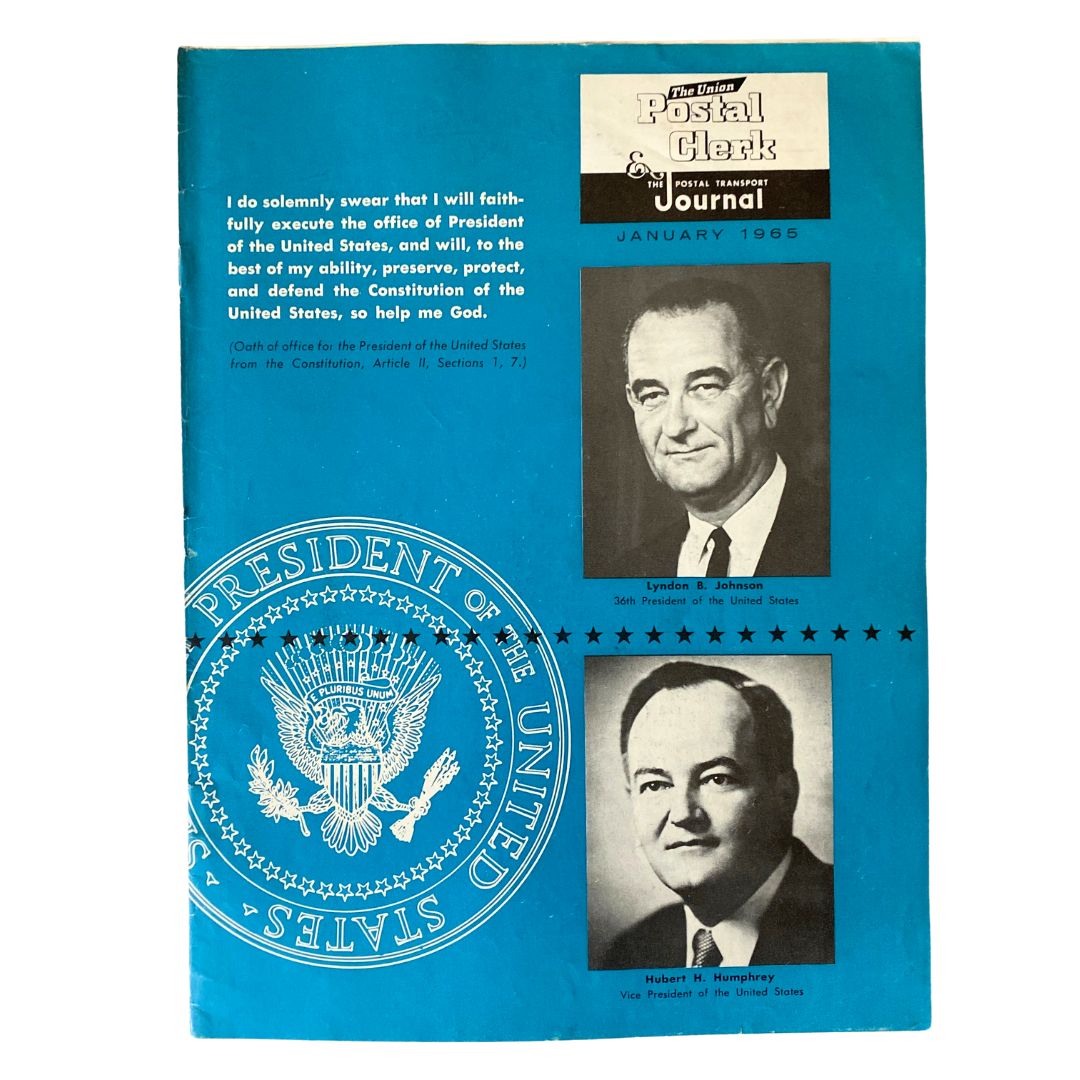 Cover of The Union Postal Clerk Journal January 1965 featuring Lyndon B. Johnson and Hubert Humphrey, showcasing vintage design and presidential seal.