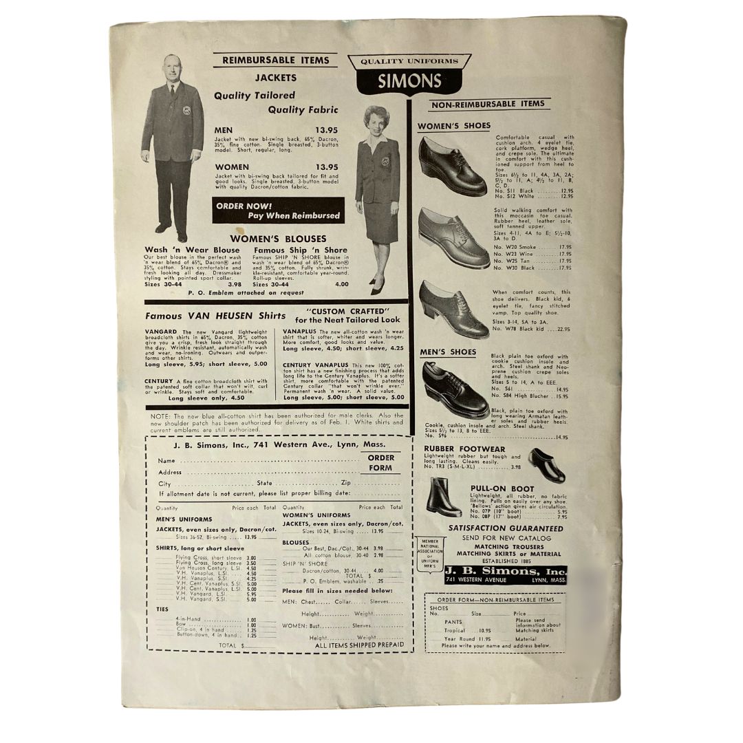 Advertisement page from The Union Postal Clerk Journal January 1965, featuring quality clothing and footwear products, reflecting 1960s retail trends.