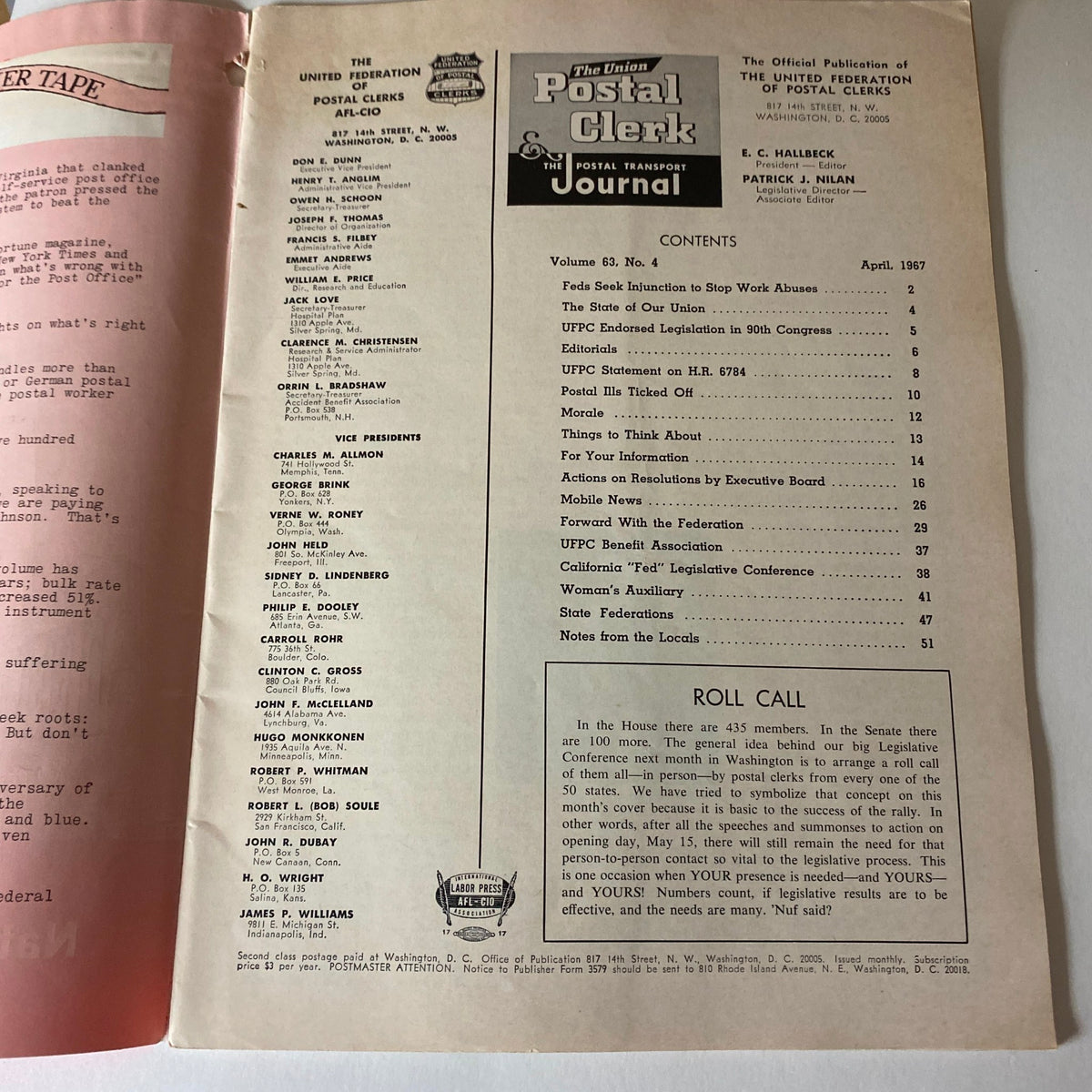 Contents page of the Union Postal Clerk Journal from April 1967, detailing articles and features related to postal work and legislative actions.