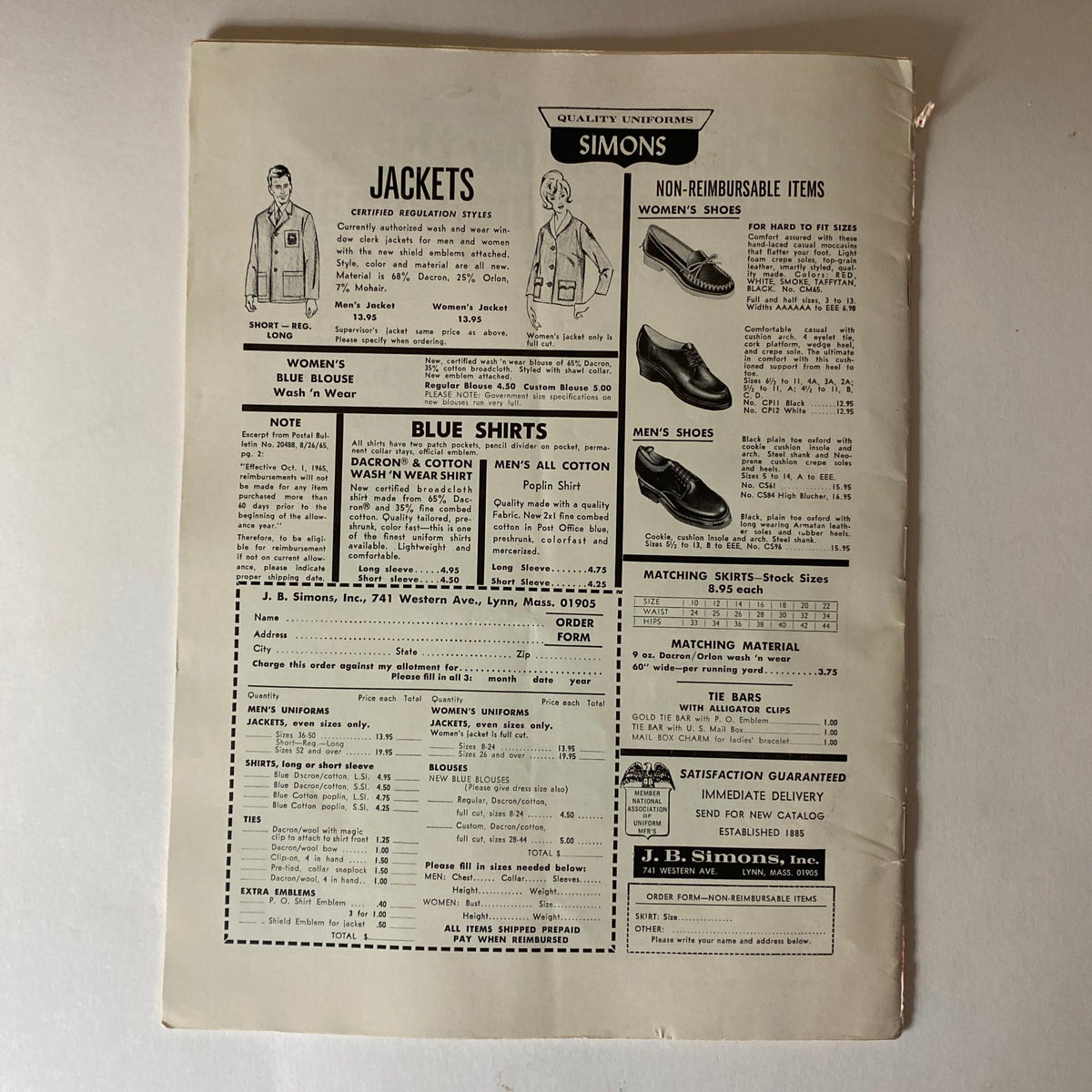 Back cover of the Union Postal Clerk Journal from April 1967, showcasing advertisements for jackets and shirts from J.B. Simons.