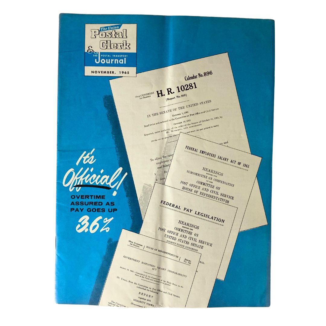 VTG The Union Postal Clerk Journal November 1965 cover featuring federal pay legislation details and official documents.