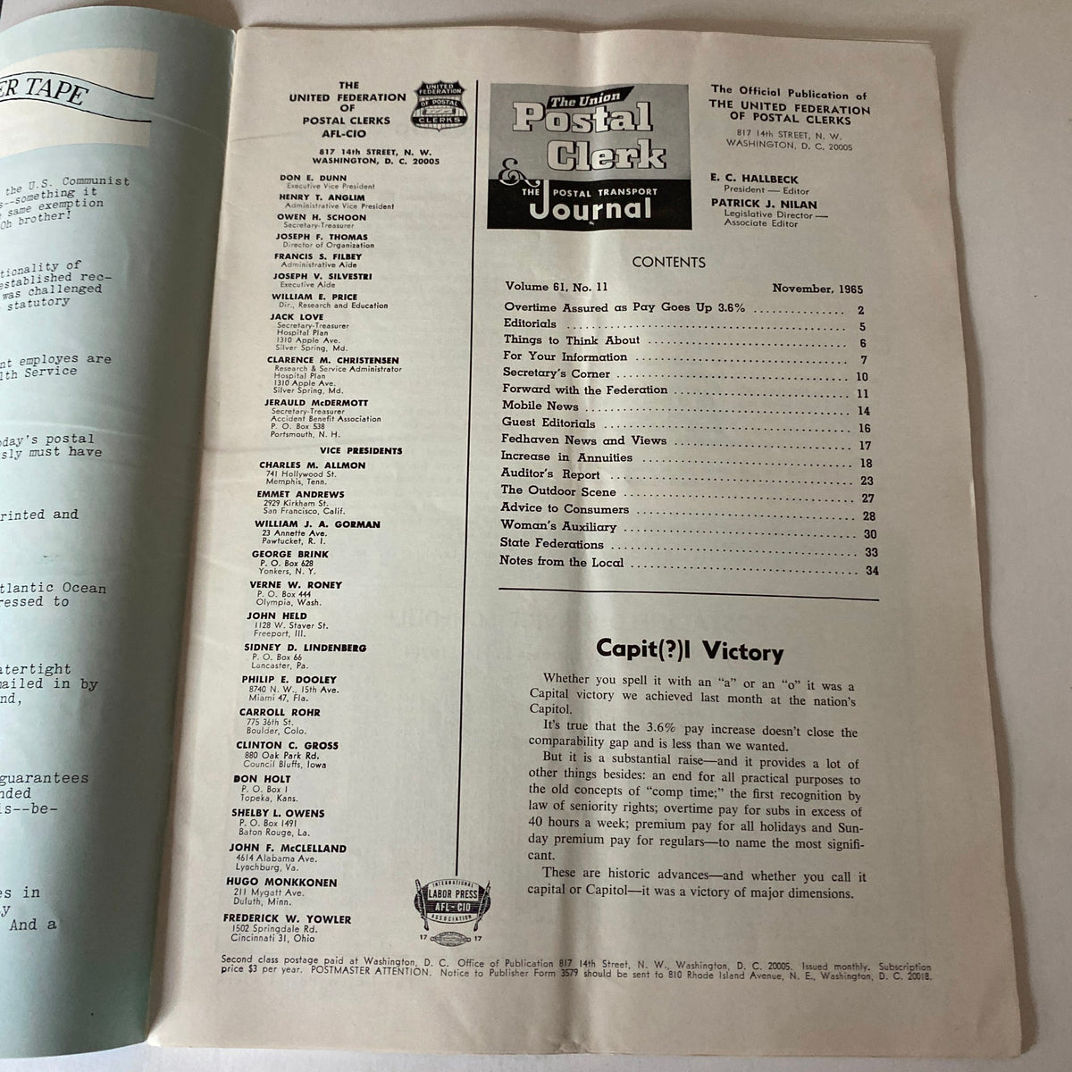 Interior page from VTG The Union Postal Clerk Journal November 1965, highlighting contents including federal pay issues and articles.