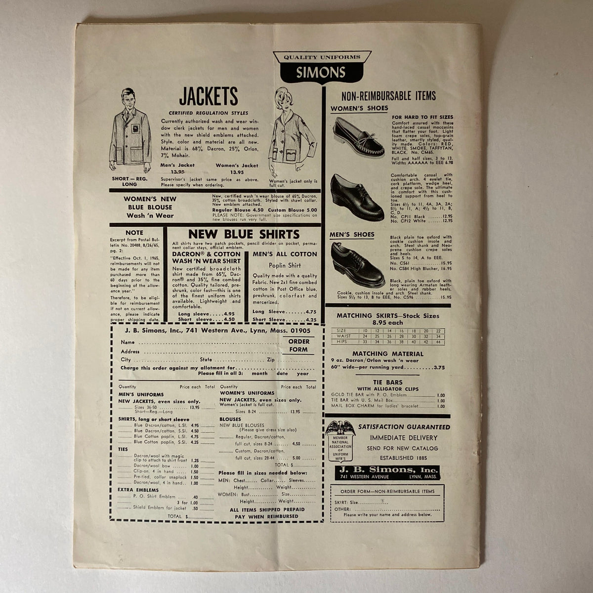 Advertisement page from VTG The Union Postal Clerk Journal February 1967, showcasing uniform styles and products for postal workers, including jackets and shoes.