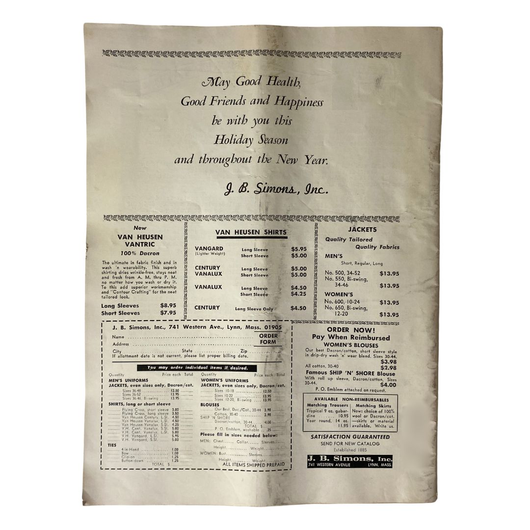 Back advertisement page from VTG The Union Postal Clerk Journal December 1963, promoting various products with a holiday greeting theme.