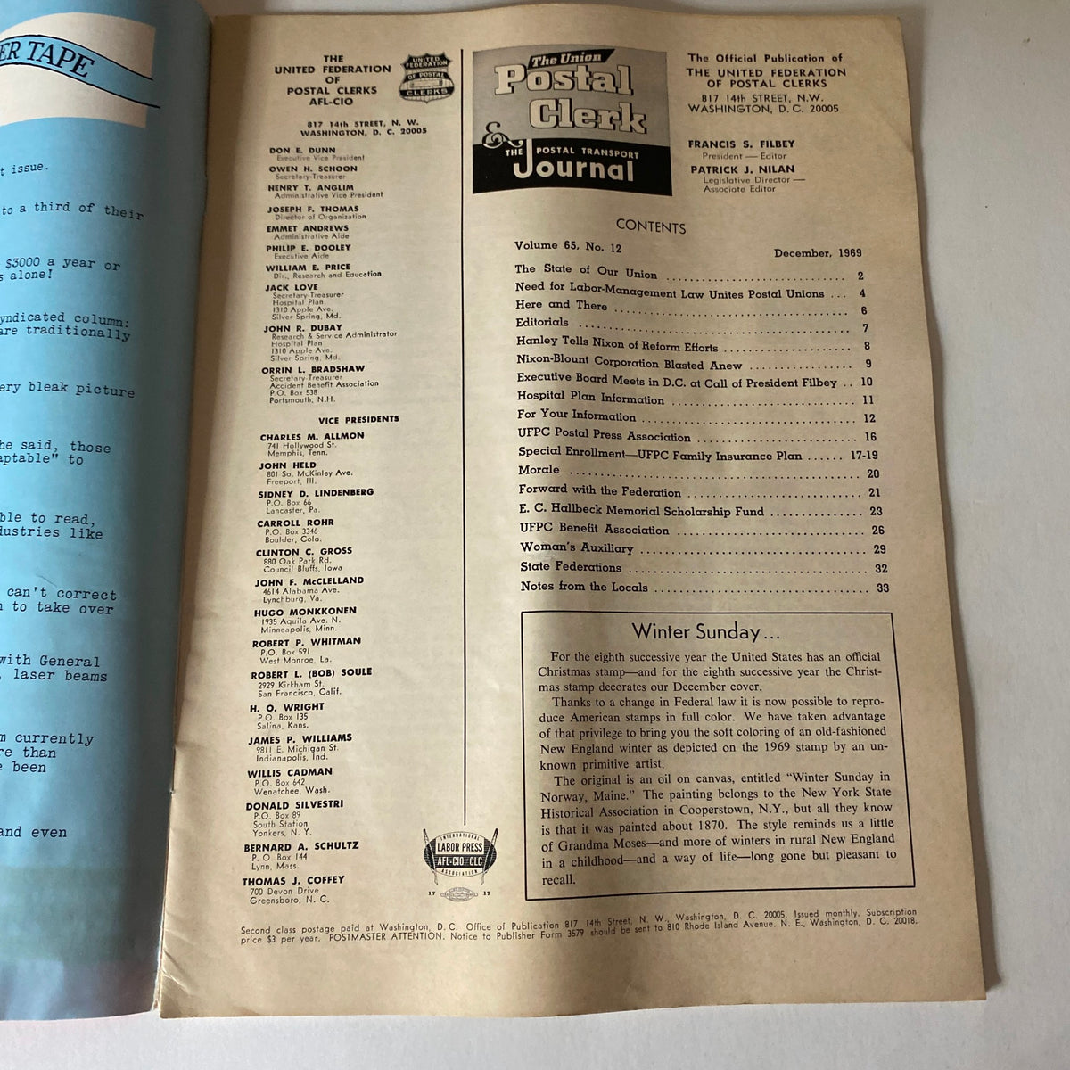 Inside page of VTG The Union Postal Clerk Journal December 1969 showcasing the contents list, reflecting postal themes and holiday spirit.