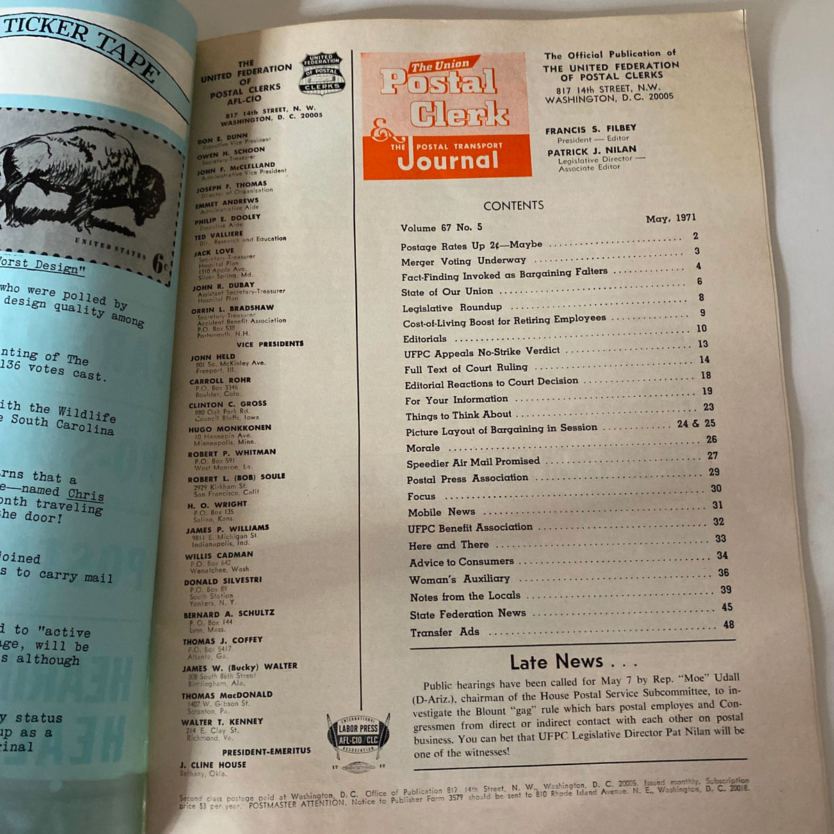 Contents page of VTG The Union Postal Clerk Journal May 1971 detailing articles and news related to postal workers and union activities.